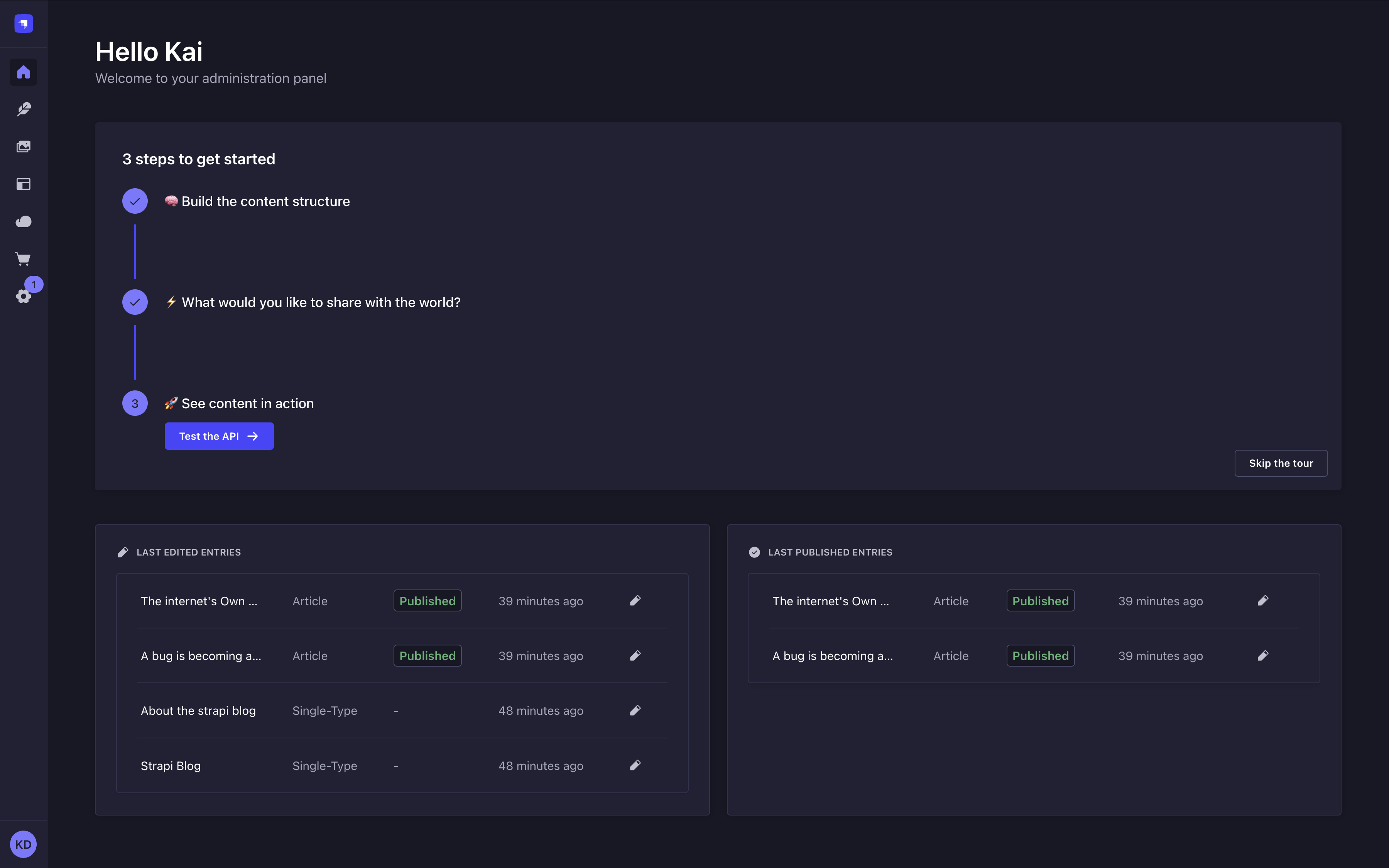 Homepage of the Admin Panel
